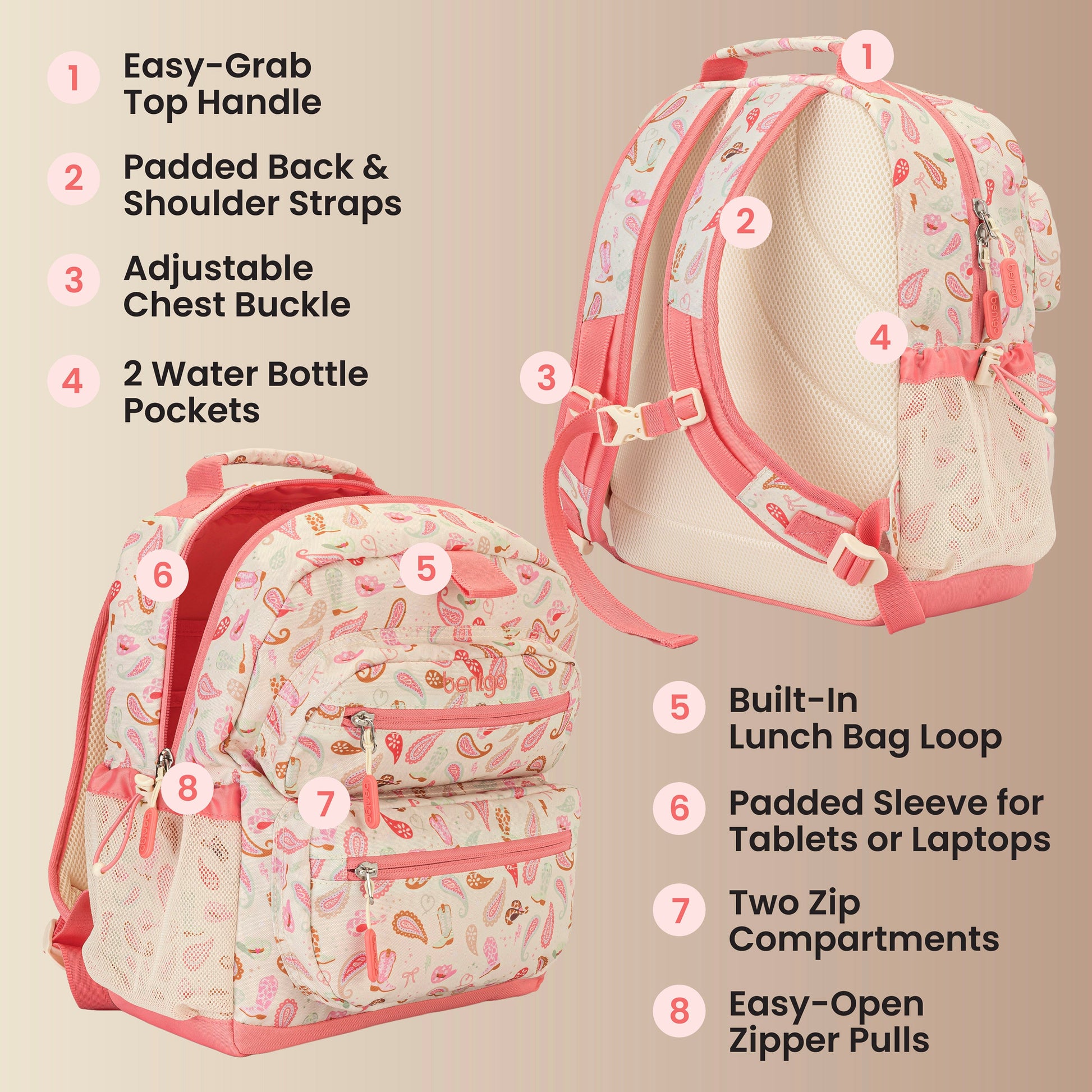 Bentgo Kids Prints Backpack - Cowgirl Dreams | Easy-Grab Top Handle, Padded Back & Shoulder Straps, Adjustable Chest Buckle, 2 Water Bottle Pockets, Built-In Lunch Bag Loop, Padded Sleeve For Tablets Or Laptops, Two Zip Compartments, And Easy-Open Zipper Pulls