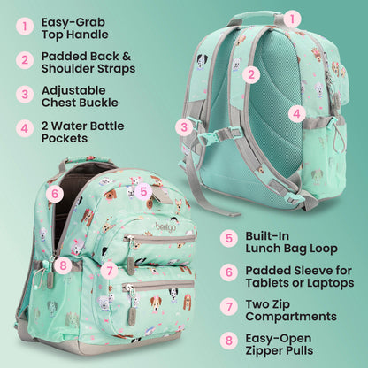 Bentgo Kids Prints Backpack - Puppy Love | Easy-Grab Top Handle, Padded Back & Shoulder Straps, Adjustable Chest Buckle, 2 Water Bottle Pockets, Built-In Lunch Bag Loop, Padded Sleeve For Tablets Or Laptops, Two Zip Compartments, And Easy-Open Zipper Pulls