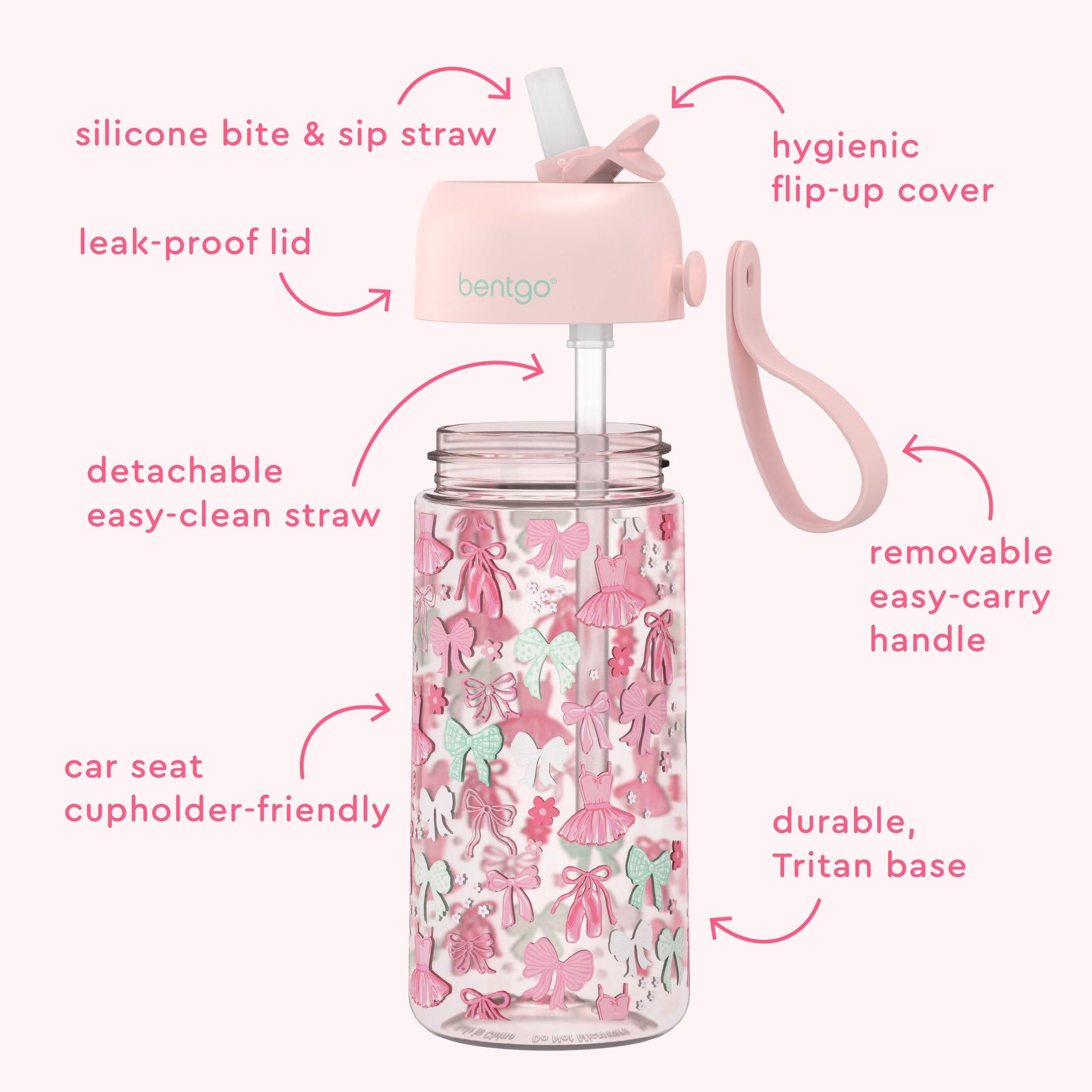Bentgo Kids Water Bottle - Ballet and Bows | Silicone Bite & Sip Straw, Leak-Proof Lid, Detachable Easy-Clean Straw, Car Seat Cupholder-Friendly, Hygienic Flip-Up Cover, Removable Easy-Carry Handle, And Durable, Tritan Base