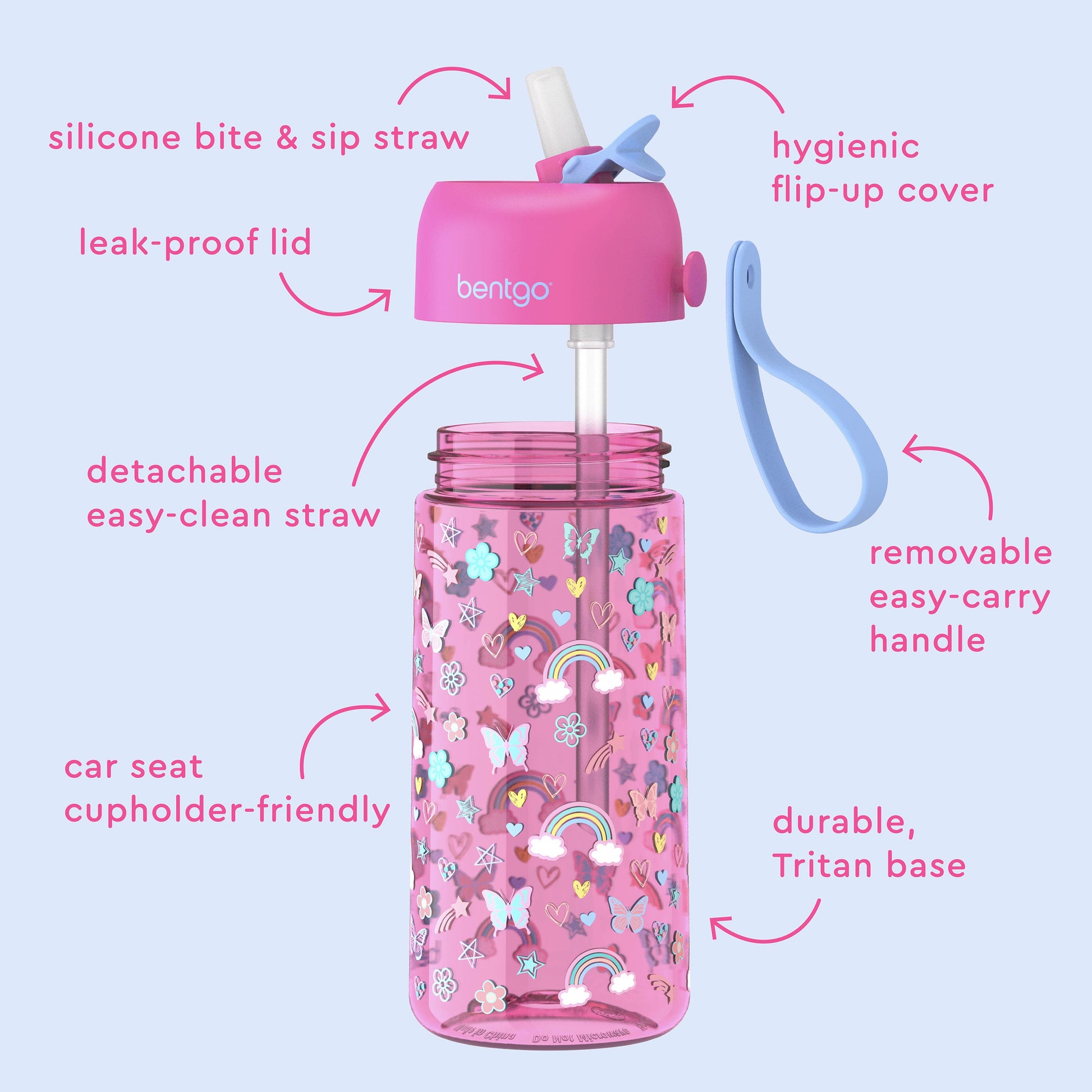 Bentgo® Kids Water Bottle - Rainbows and Butterflies | Hygienic Flip-Up Cover, Silicone Bite & Sip Straw, Leak-Proof Lid, Detachable Easy-Clean Straw, Durable Tritan Base, And Removable Easy-Carry Handle