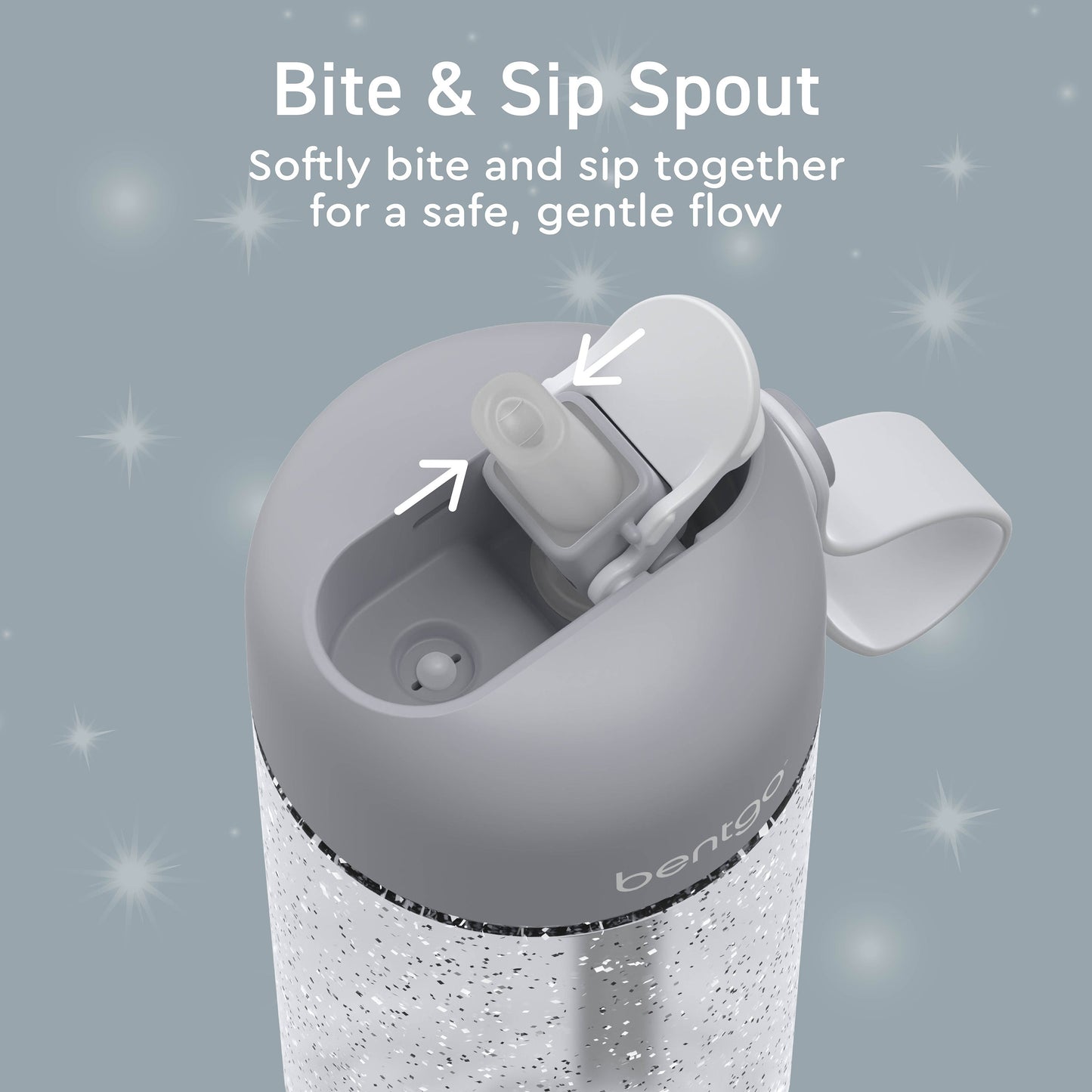 Bentgo® Kids Water Bottle - Silver Glitter | Bite & Sip Spout - Softly Bite And Sip Together For A Safe, Gentle Flow