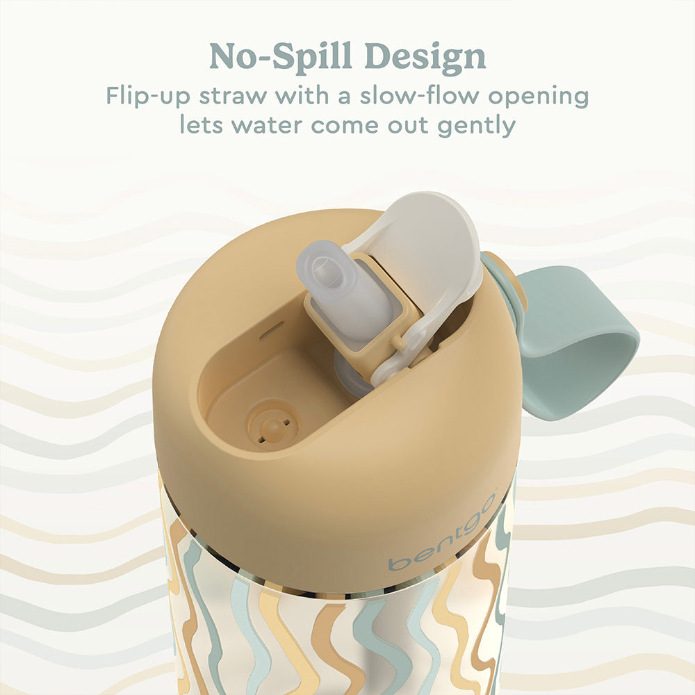 Bentgo® Kids Whimsy & Wonder Prints Water Bottle - Wavy | No-Spill Design Features A Flip-Up Straw With A Slow-Flow Opening Lets Water Come Out Gently