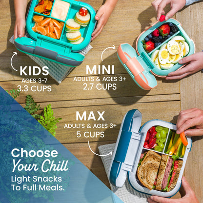 Bentgo® Chill Kids Lunch Box - Electric Aqua | Choose Your Chill Light Snacks To Full Meals - Kids (Ages 3-7, 3.3 Cups), Mini (Adults & Ages 3+, 2.7 Cups), Max (Adults & Ages 3+, 5 Cups)
