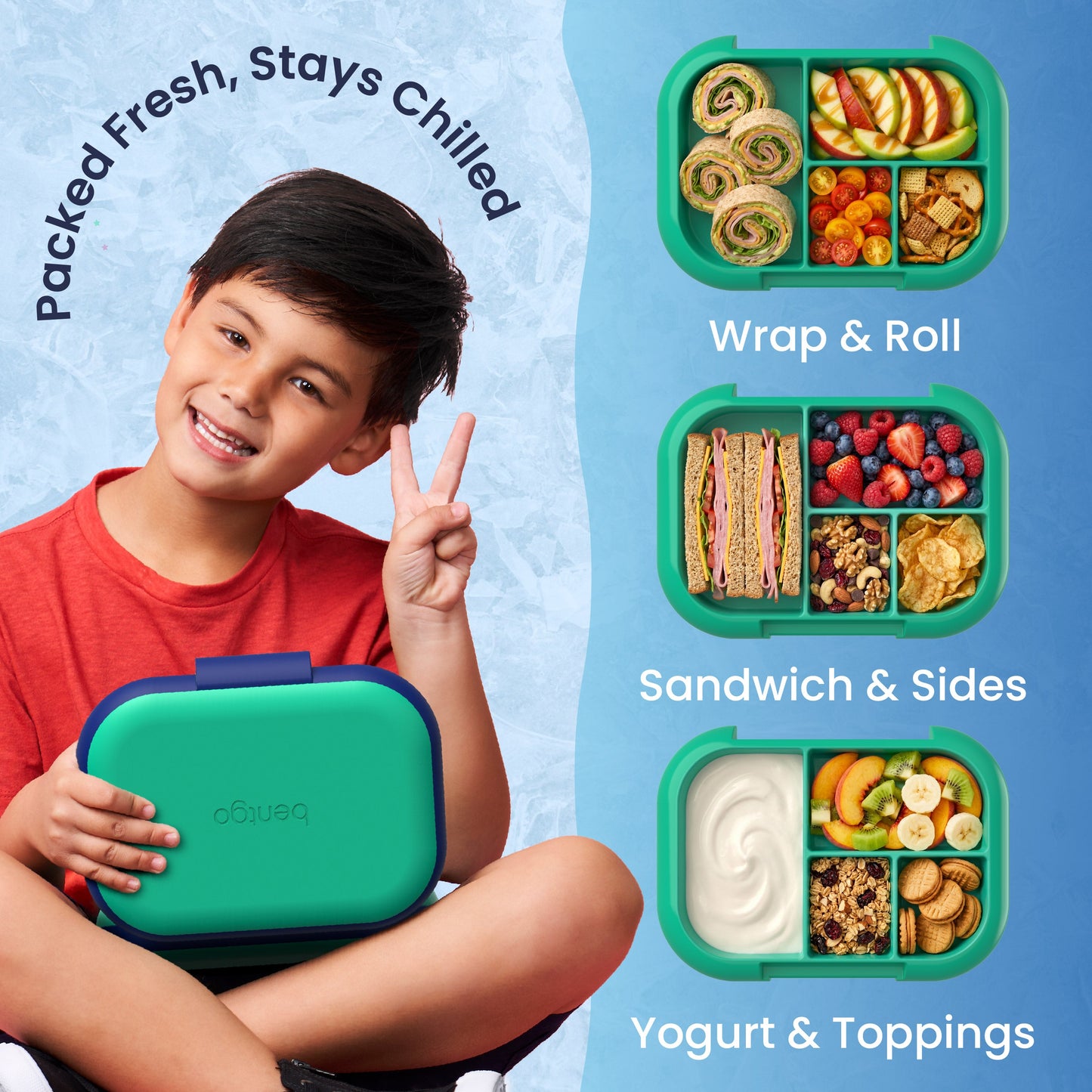 Bentgo® Chill Kids Lunch Box - Green/Navy | Packed Fresh, Stays Chilled - Wrap & Roll, Sandwich & Sides, and Yogurt & Toppings