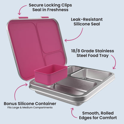 Bentgo Kids Stainless Steel Lunch Box (2-Pack) - Fuchsia | Secure Locking Clips Seal In Freshness, Leak-Resistant Silicone Seal, 18/8 Grade Stainless Steel Food Tray, Bonus Silicone Container - Fits Large & Medium Compartments, And Smooth, Rolled Edges For Comfort