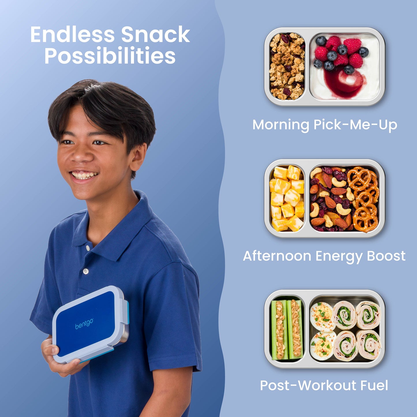 Bentgo Stainless Steel Snack Box - Navy Sky | Endless Snack Possibilities - Morning Pick-Me-Up, Afternoon Energy Boost, And Post-Workout Fuel